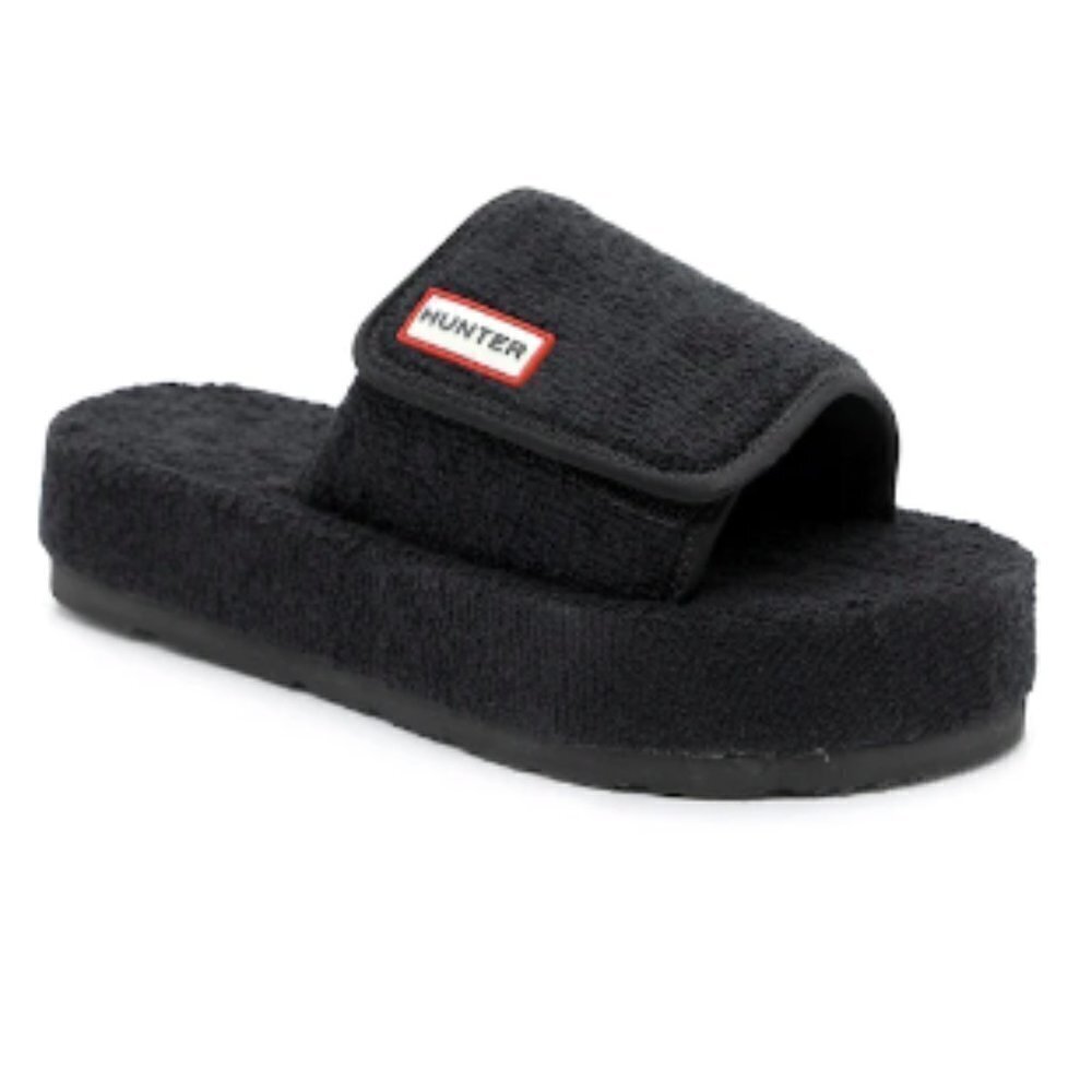 Hunter Terry‎ Towelling Platform Slide Sandal in Black sz 9